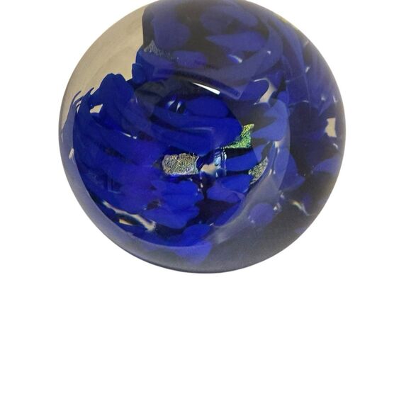 Cobalt Blue Striped Swirl Gold Flaked Glass Paperweight Bubbles - Artist Signed - Picture 8 of 14